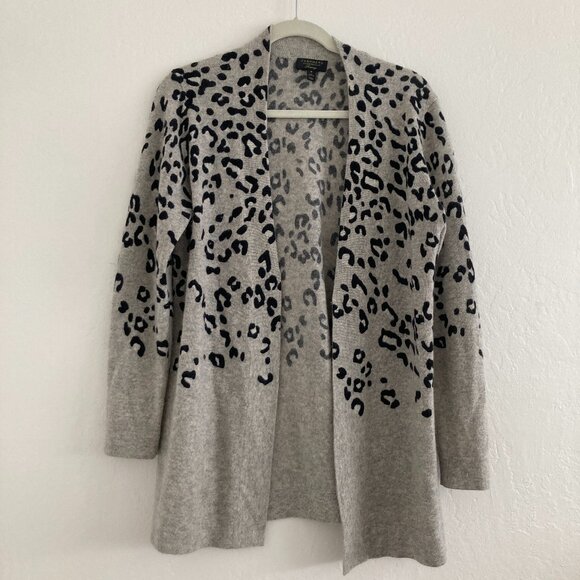 Charter Club 100% Cashmere Open Front Long Line Cardigan Gray Leopard Print Med - Picture 1 of 9